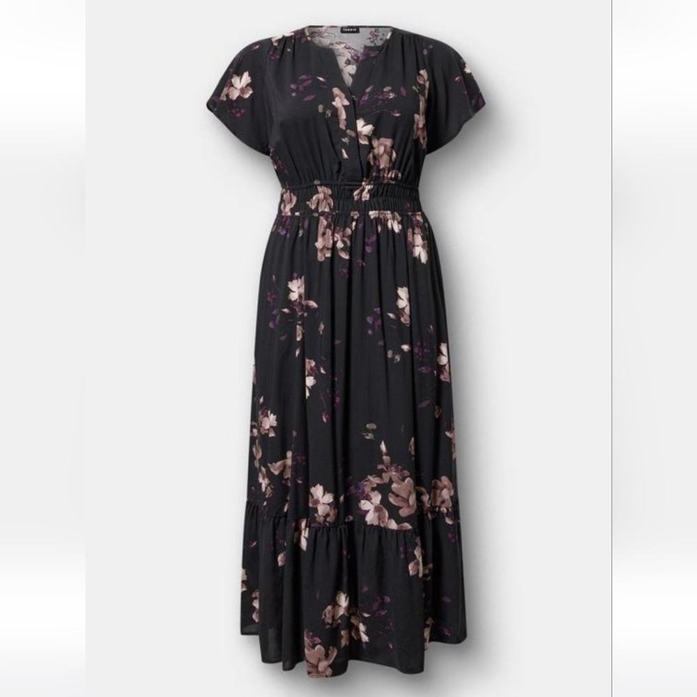 New Torrid 1X(14/16) Y-Neck Smocked Waist Flutter Sleeve Maxi Dress-Black Floral - Picture 2 of 9